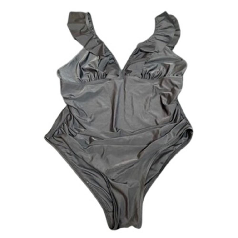 Womens XL Black Ruffle V-Neck One Piece Swimsuit Ruched Sides Adjustable Straps